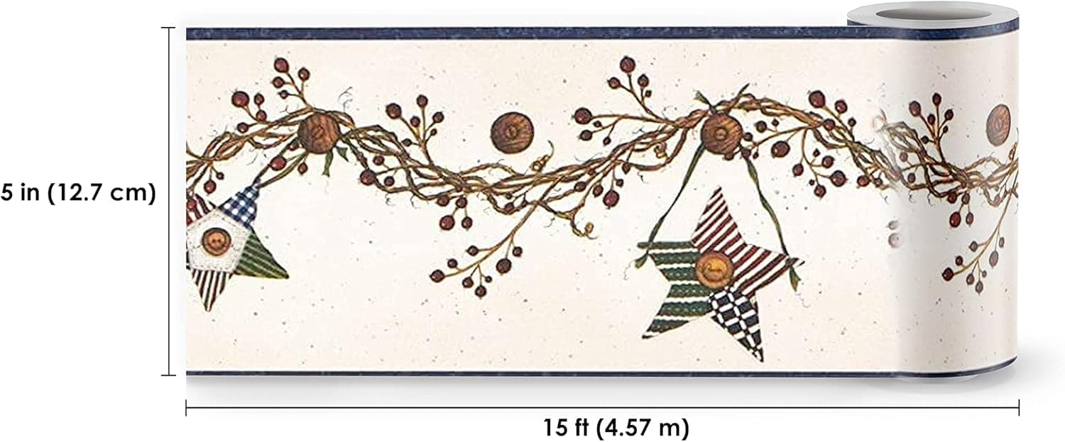 CONCORD WALLCOVERINGS Wallpaper Border Quilted Stars, Buttons, and Berries 5" X 15' Fam65011b