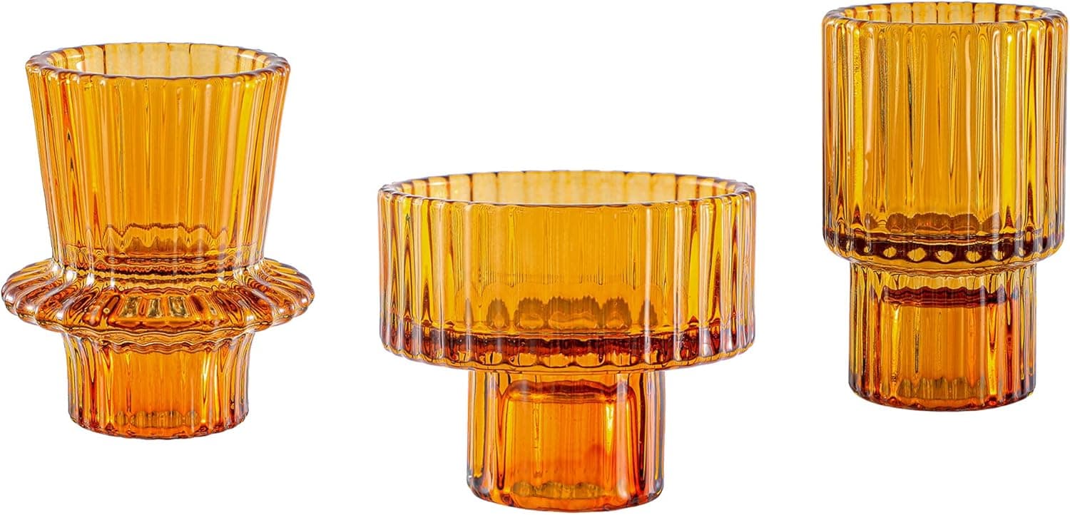Lysenn Amber Glass Candle Holders for Pillar Candles, Taper Candles, Tealight Candles - Premium Multipurpose Candlestick Holders - Fits 7/8", 1.3", 1.5", 2" Candle - Decorative Candle Stand Set of 3