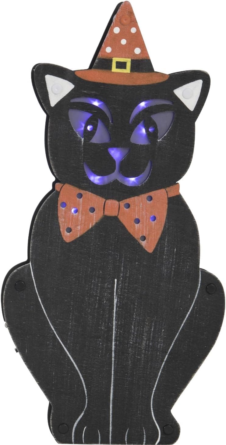 One Holiday Way Lighted Wooden Black Cat in Witch Hat Standing Halloween Sign Tabletop Decoration (Dots)