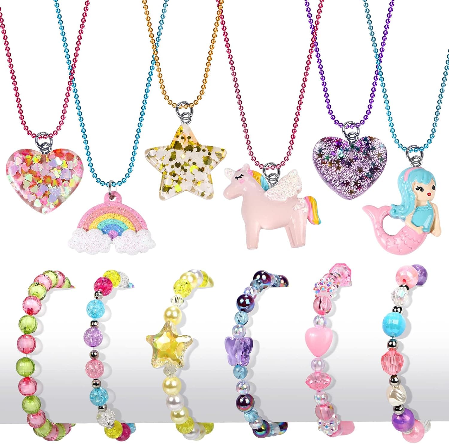 G.C 12 Pcs Necklaces Bracelets Set with Cute Mermaid Unicorn Heart Star Rainbow Charms Kids Gift Toy Party Favors Pretend Play Dress up Colorful Friendship Costume Jewelry for Little Girls Toddler