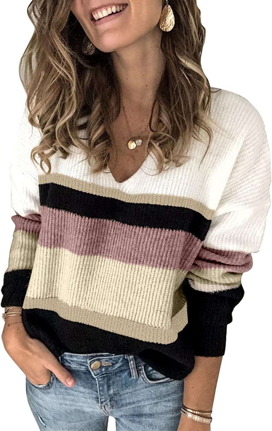 ROSKIKI Women's Sweater Oversized Color Block Striped V Neck Knitted Pullover Jumper Tops