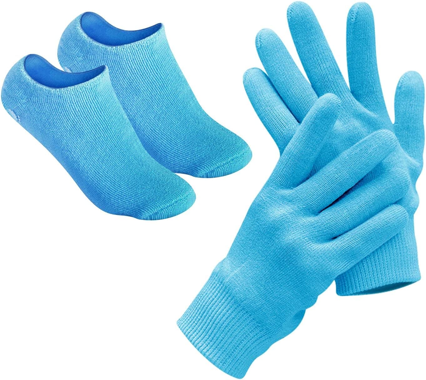 Pinkiou Moisturizing Gloves Socks Set Gel Spa for Moisturize Soften Repairing Dry Hands Feet Cracked Skin Care Silicone Inside–Blue