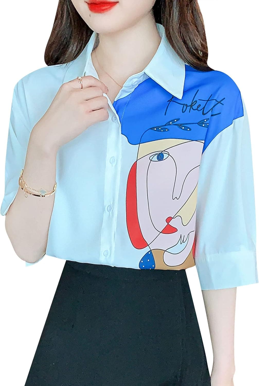 Women's Elegant Collared Neck Allover Print Button-Up Loose Blouse Casual New Season Tops