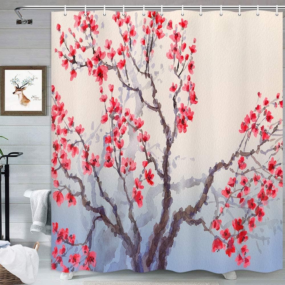 MERCHR Spring Cherry Blossom Fabric Cloth Shower Curtain, Red Plum Blossom Bloom Trees Japanese Ink Painting Art Bath Curtain, Polyester Waterproof Shower Curtain Set, Hooks Included, 69X70 in