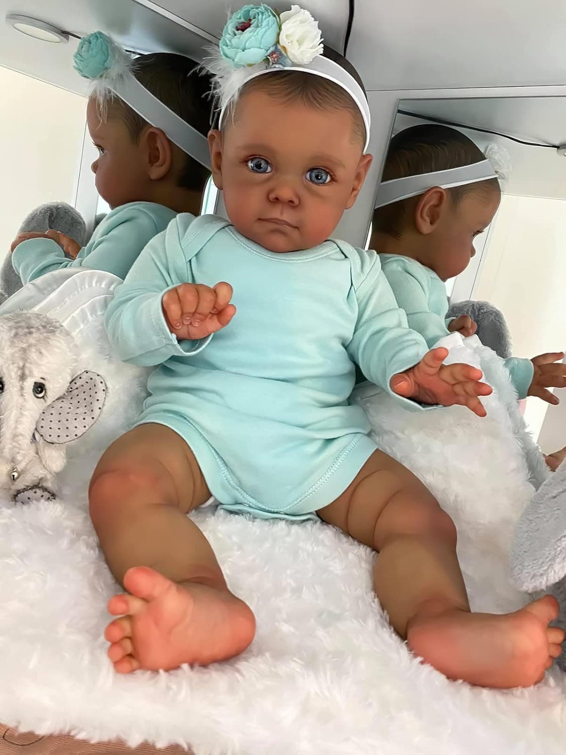 Wamdoll 24 inches 60CM So Truly Huge Baby Size African American Reborn Baby Dolls Gift Set with Drawing Hair Look Real Realistic Newborn Toddler Maggi in Dark Brown Skin for Ages Kids 3+, Blue