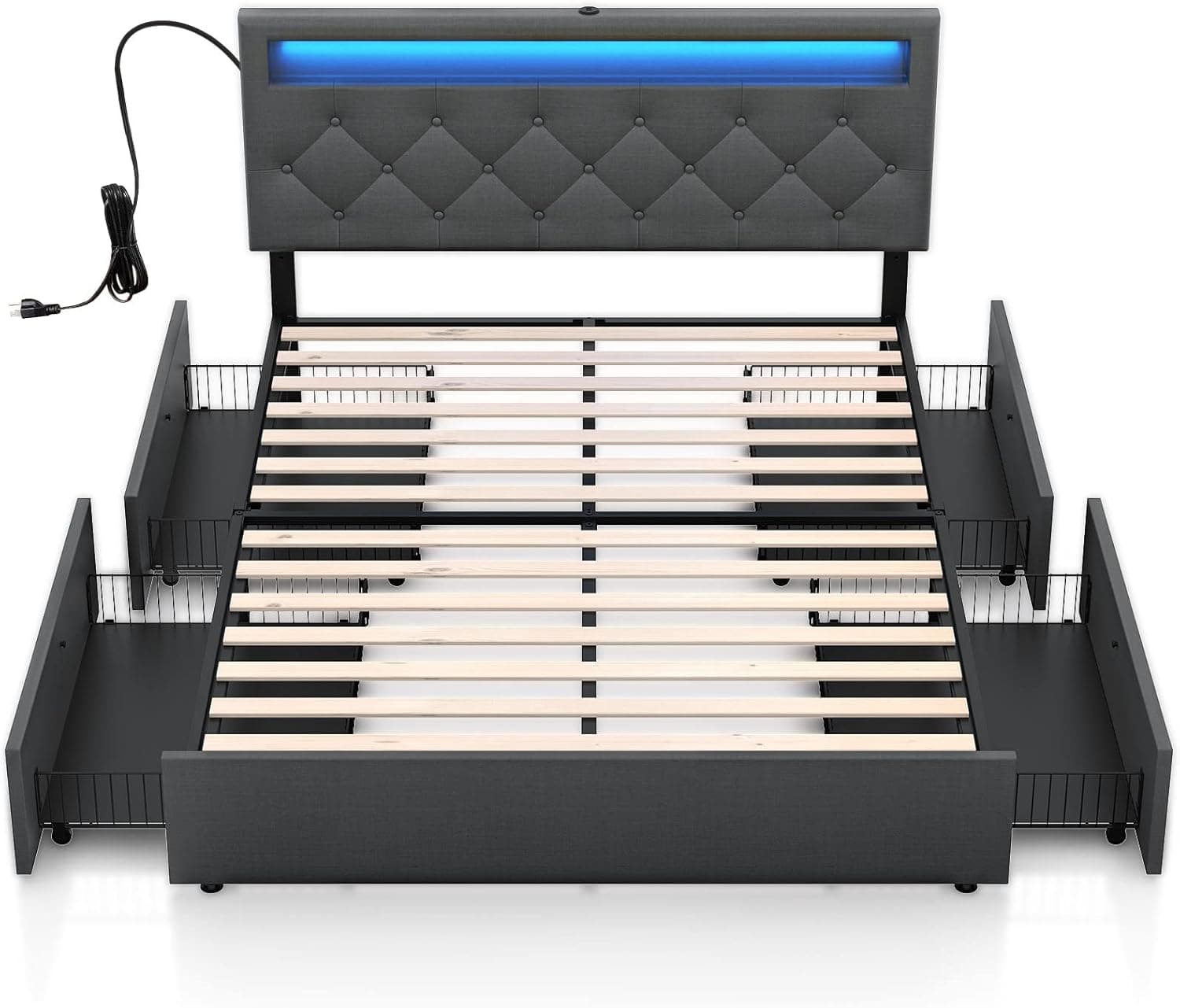 Rolanstar Queen Size Bed Frame with LED Lights and USB Ports, Upholstered Bed with Adjustable Headboard and 4 Storage Drawers, No Box Spring Needed, Easy Assembly, Dark Grey