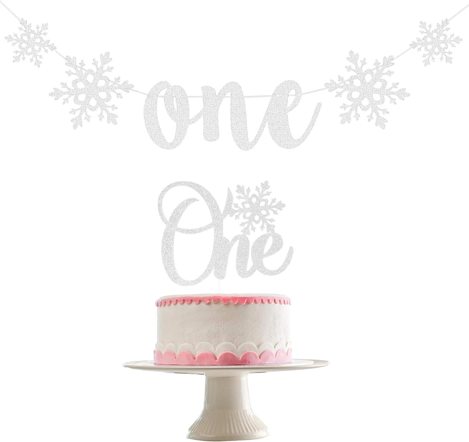 Silver Snowflake One Banner Winter Onederland Birthday Banner and One Snowflake Cake Topper for Winter Onederland 1st Birthday Decorations