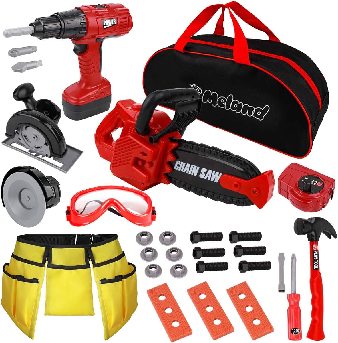 Meland Kids Tool Set 29Pcs Pretend Play Construction Toy Tools for Toddlers with Storage Bag, Electric Toy Chainsaw and Drill, Birthday for 3 4 5 6 Year Old Boys