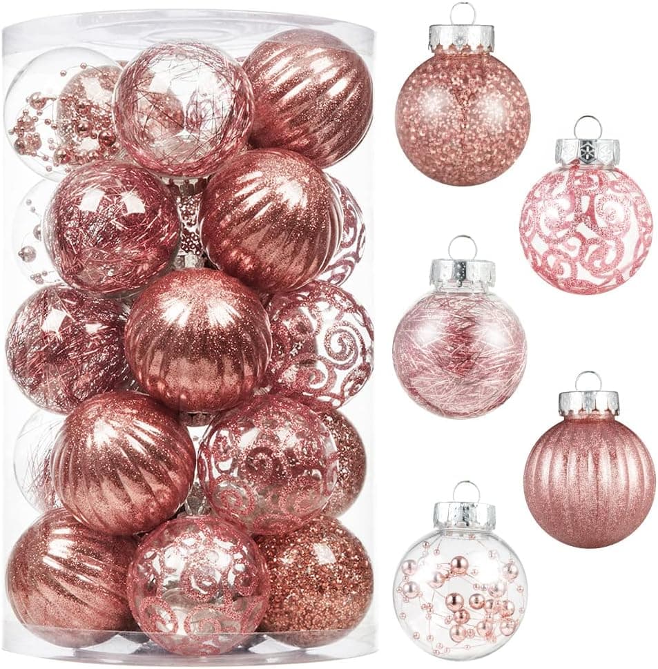 XmasExp 60mm/2.36" Christmas Ball Ornaments Shatterproof Large Clear Plastic Hanging Christmas Tree Ornaments Sets Ball Decorative with Stuffed Delicate Decorations (25CT,Rose Gold)
