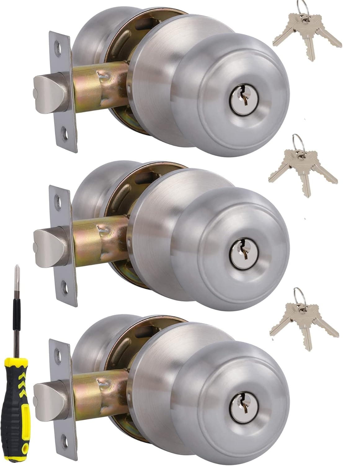 Lanwandeng (3 Pack) Entry Door Knob with Lock and Keys,Exterior/Interior Door Handles for Bedroom or Bathroom,Satin Stainless Steel Door knobs for Front Door