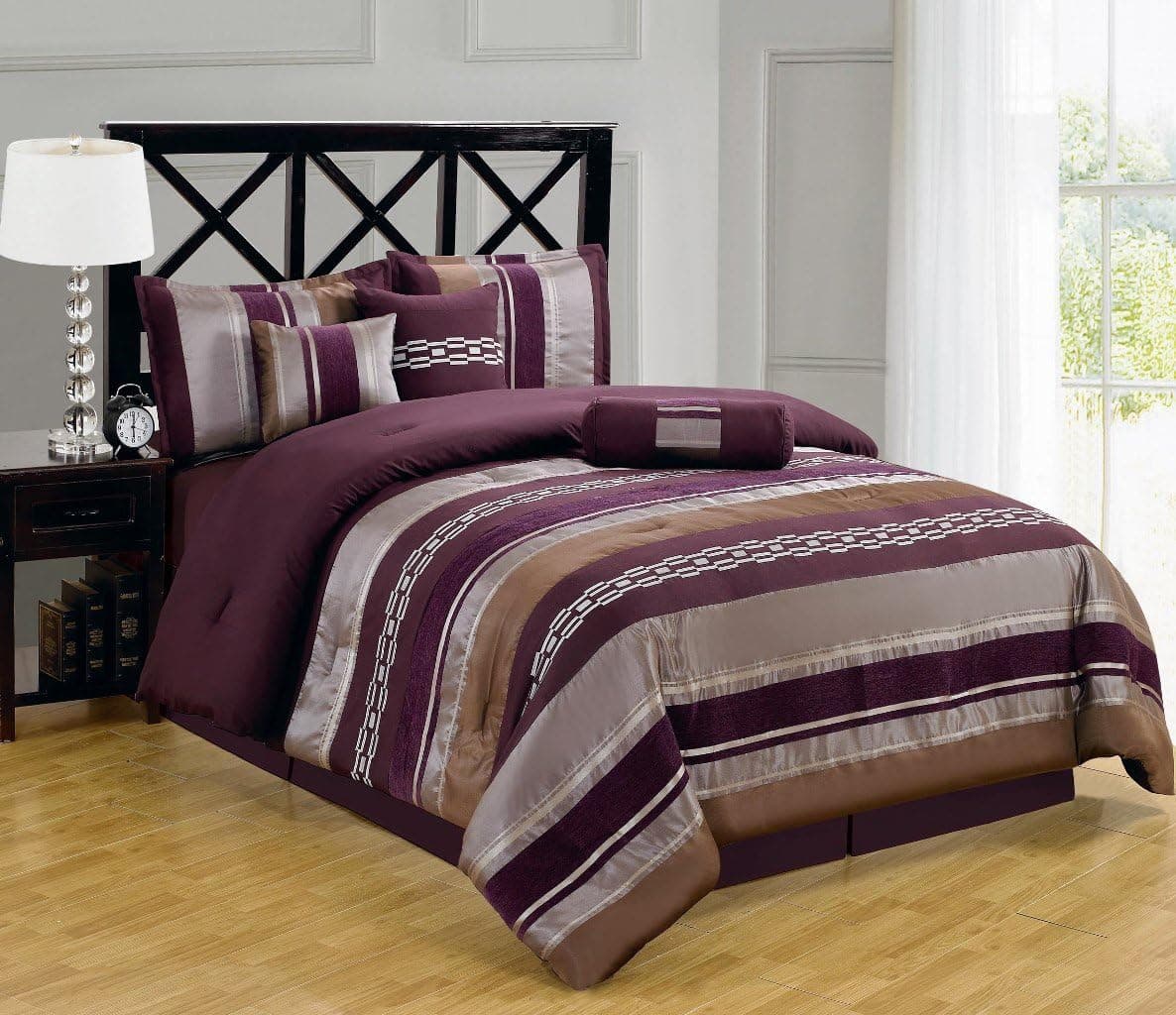 Claudia Purple Queen Size Luxury 11 Piece Bed-in-a-Bag inlcuding Comforter, Sheets, Skirt, Throw Pillows, Pillow Shams by Royal Hotel