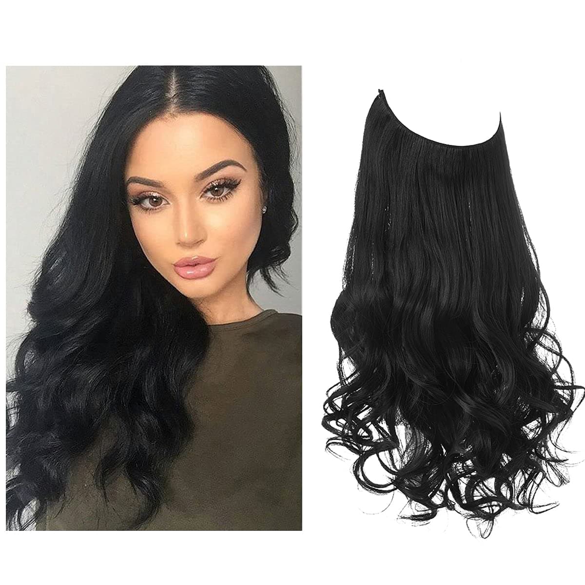 SARLA 12 Inch Black Halo Hair Extensions Short Synthetic Wavy Curly Hair Piece Adjustable Invisible Wire Headband for Women High Temperature Fiber 3.5 Oz No Clip