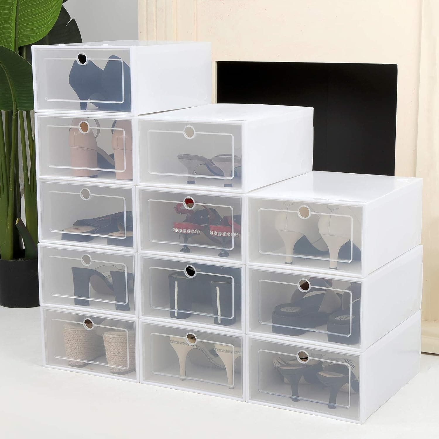 FatCat Wall Graphics Shoes Boxes Clear Plastic Stackable Shoes Storage Organizers,Foldable and Versatile for Sneakers,High Heels etc,13 x 9.4 x 5.1 inches (12 Boxes)