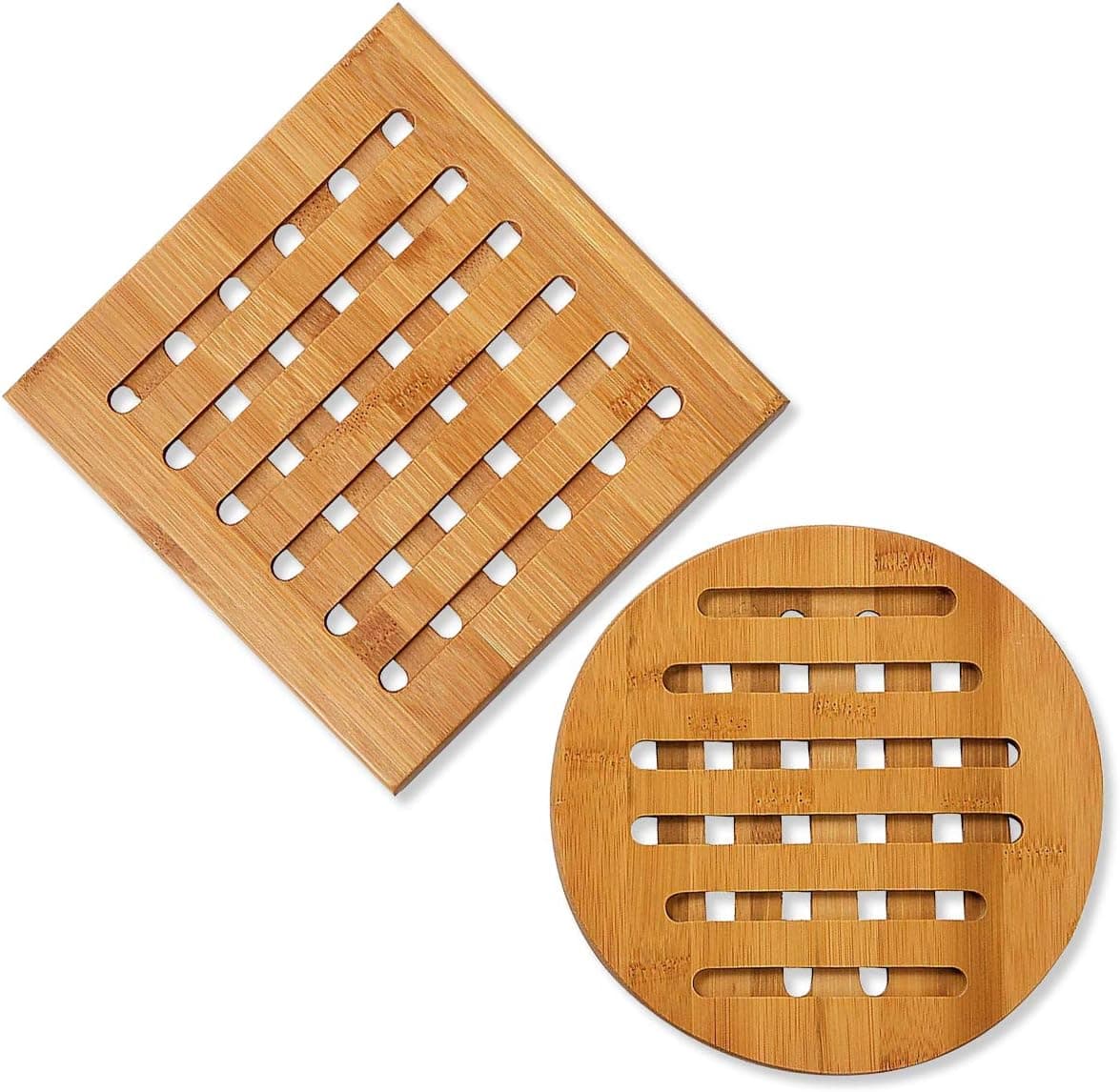 Bamboo Trivet - 2-Pack Wood Trivet, Hot Pads Plate, Heat Resistant Coaster for Hot Dishes, Pots, Pans, Protection for Dining Table, Tabletop, Kitchen, Counters, Square Round, 7.5 x 7.5 x 2.8 Inch