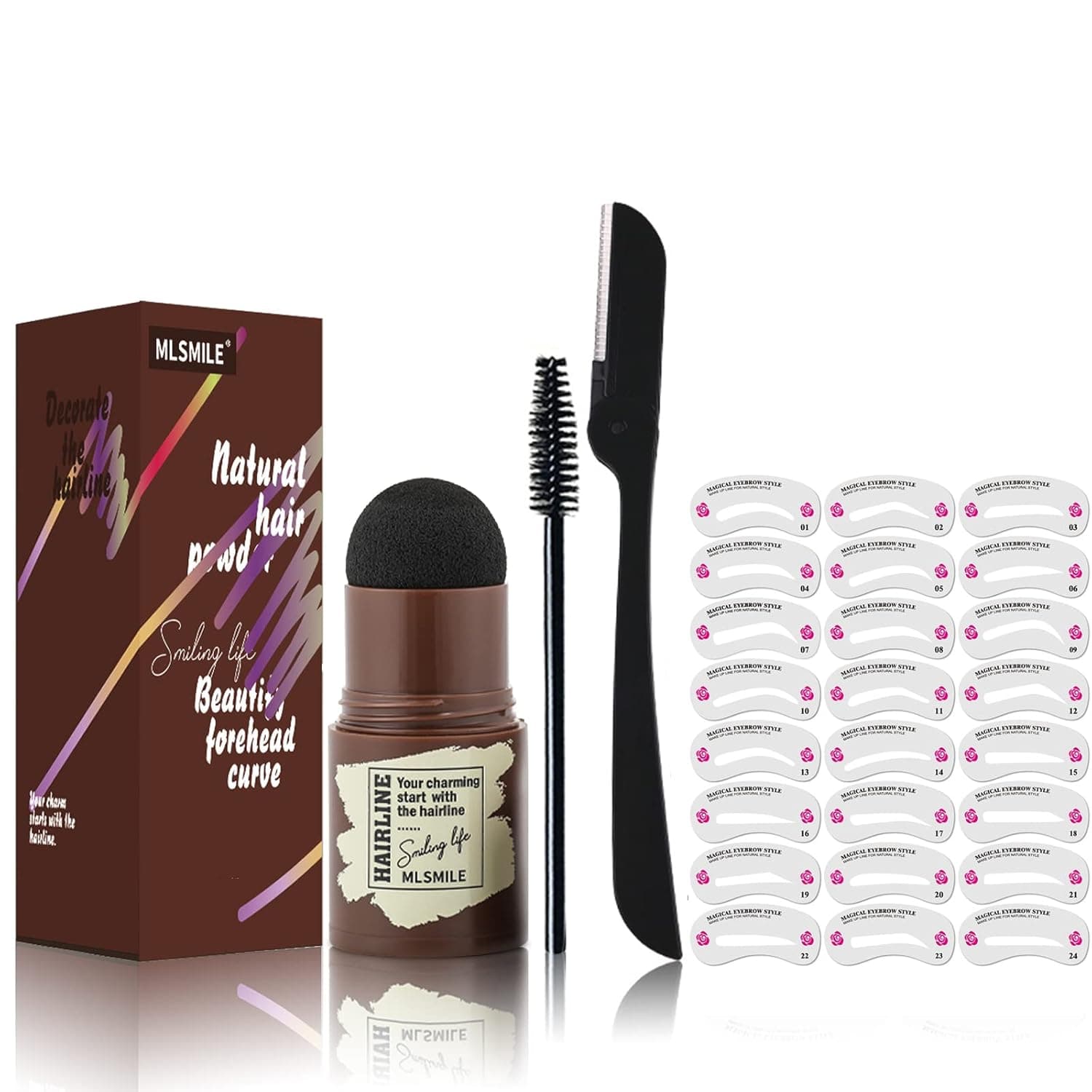 Eyebrow Stamp Shaping Kit, Brow Definer Powder Stamp Makeup with Eyebrow Pen Brush and Eyebrow Trimmer, 24 Reusable Eyebrow Stencils Waterproof Long Lasting Buildable Eyebrow Makeup Tools