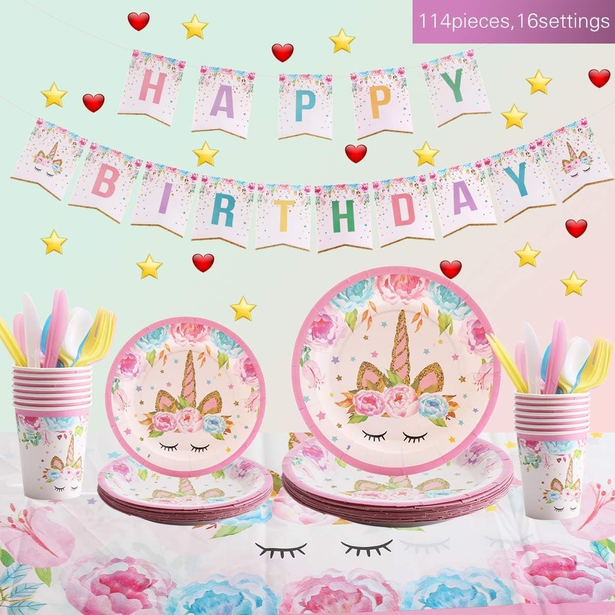 FOCCTS Unicorn Party Supplies Set - Serves 16 - Unicorn Decorations and Tableware - Birthday Party Favors Decorations for Kids Girls - Including Plates, Unicorn Tablecloth, Cups, Cutlery Set, Napkins Set - 114 Pieces