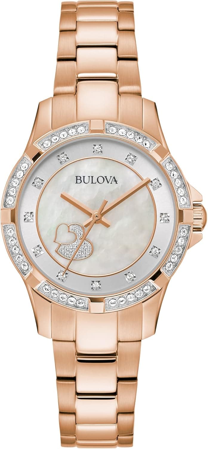 Bulova Ladies' Classic Crystal Rose Gold Stainless Steel 3-Hand Quartz Watch, White Mother-of-Pearl Dial with Crystal Heart Detail Style: 98L303