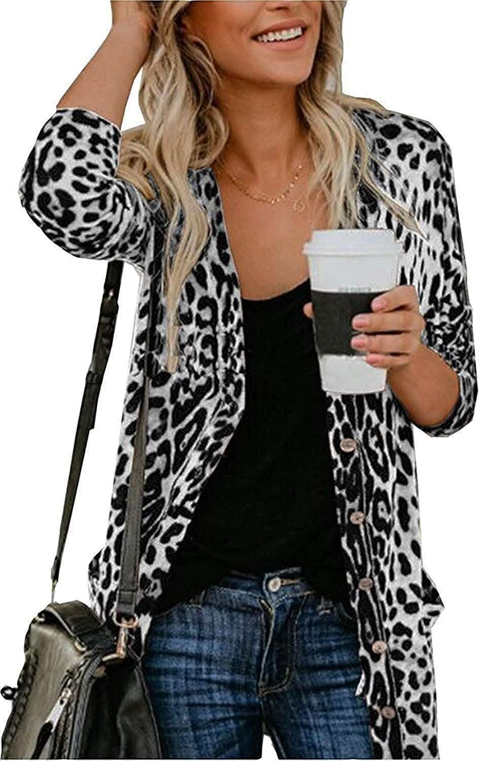 Lacozy Women's Leopard Print Cardigans Long Sleeve Button Down Knit Cardigan Shirt Top W Pocket Black White M