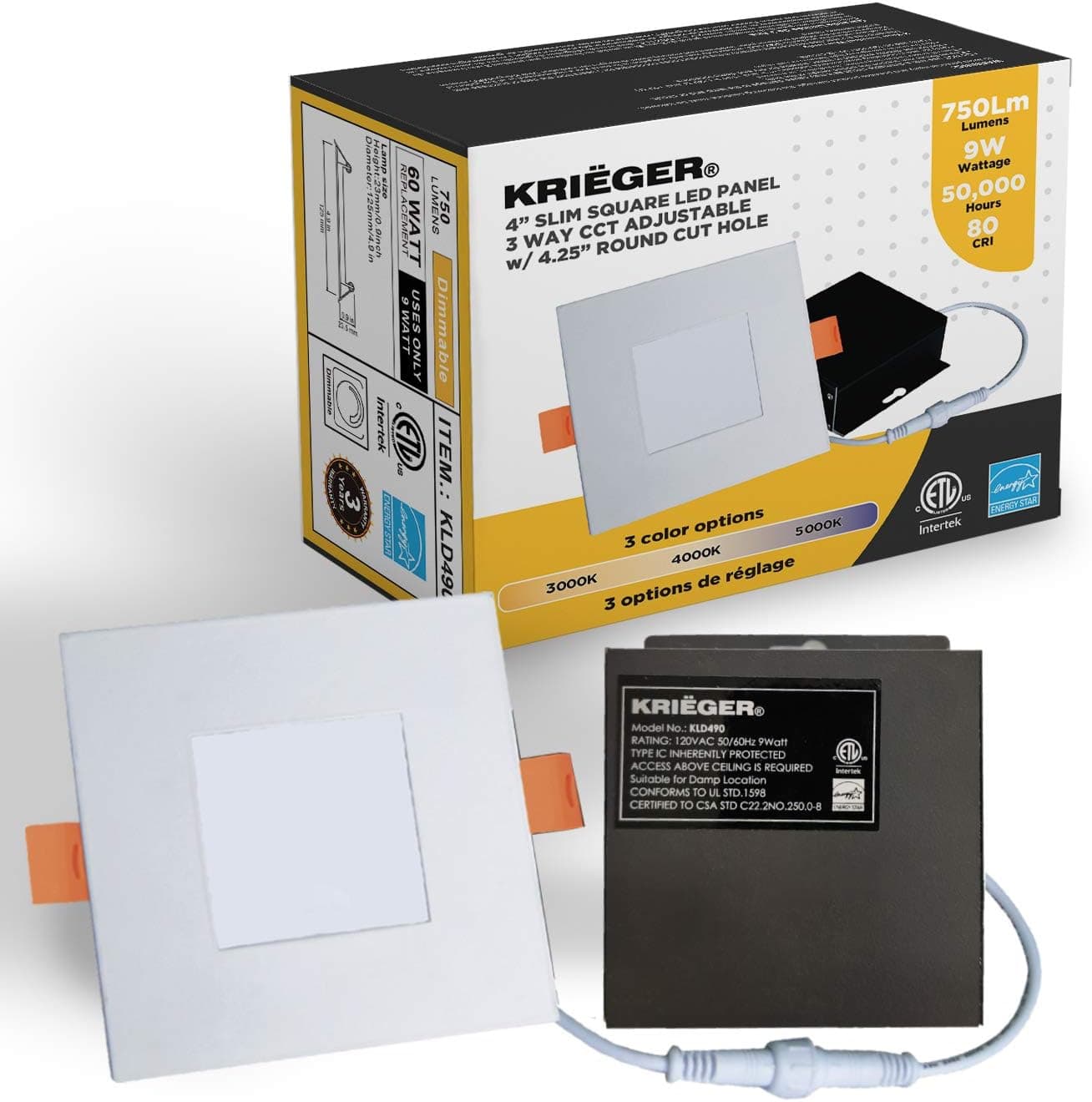 K KRIËGER LED Recessed Ceiling Light Fixture, 4 Inch Ultra-Thin Square with Rounded Back, 3 Color Temperature Options, Dimmable, 750 Lumen, 9 Watt (60W Equivalent), Quick Install - ETL & ES Certified