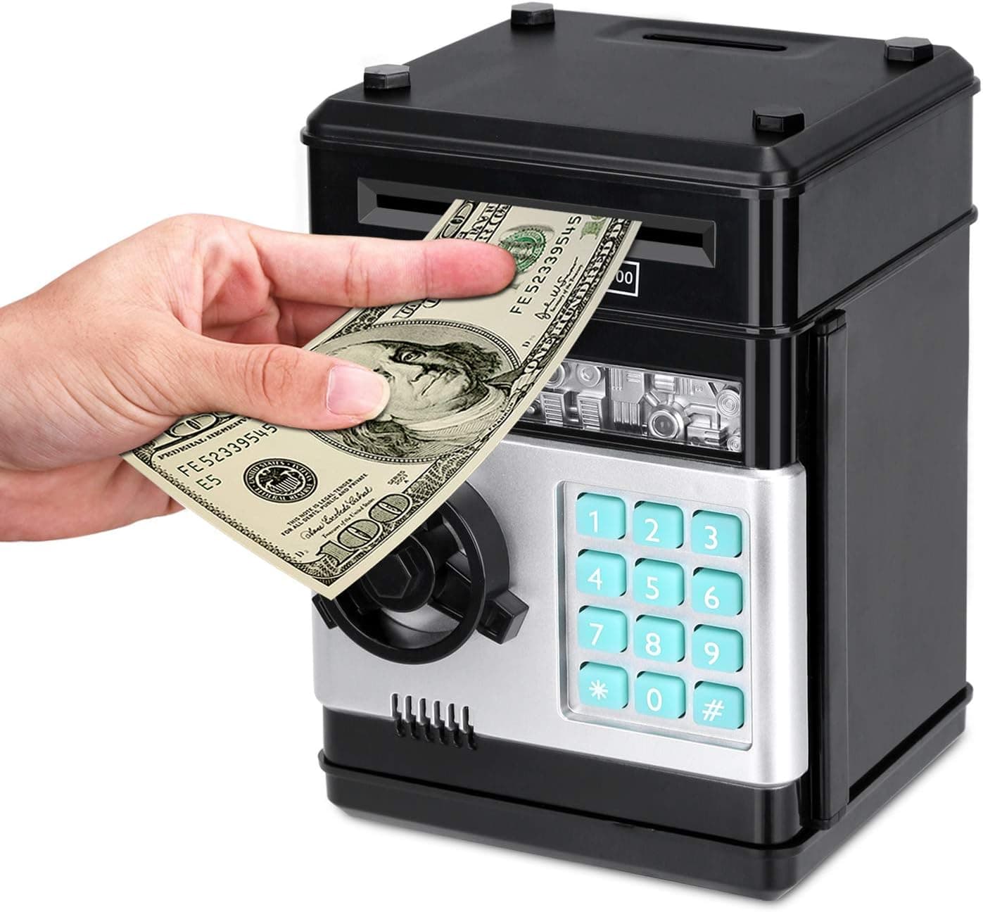 Renvdsa Cartoon Electronic ATM Password Piggy Bank Cash Coin Can Auto Scroll Paper Money Saving Box Gift for Kids (Black)
