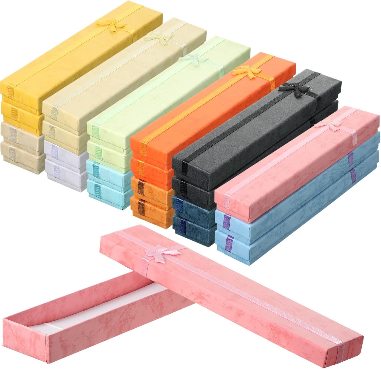Sureio 24 Pack Jewelry Gift 12 Color Boxes Jewelry Box Gift Cases Cotton Filled Cardboard Paper Jewelry Box Bracelets Bangle Necklace Gift Case with Ribbon Bow for Birthday Wedding(1.6 x 8 Inches)