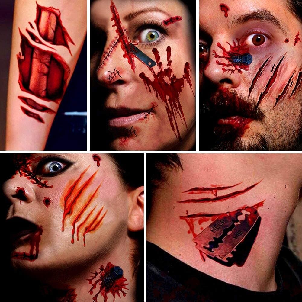 Zombie Makeup,Halloween Makeup,11 Unique Sheets,Fake Blood, Scar Tattoo,Halloween Tattoos Fake Blood Makeup Vampire Makeup, Enjoy Halloween Makeup Kit Zombie Tattoos,11 Sheets,61 Pics Fake Scars Cuts