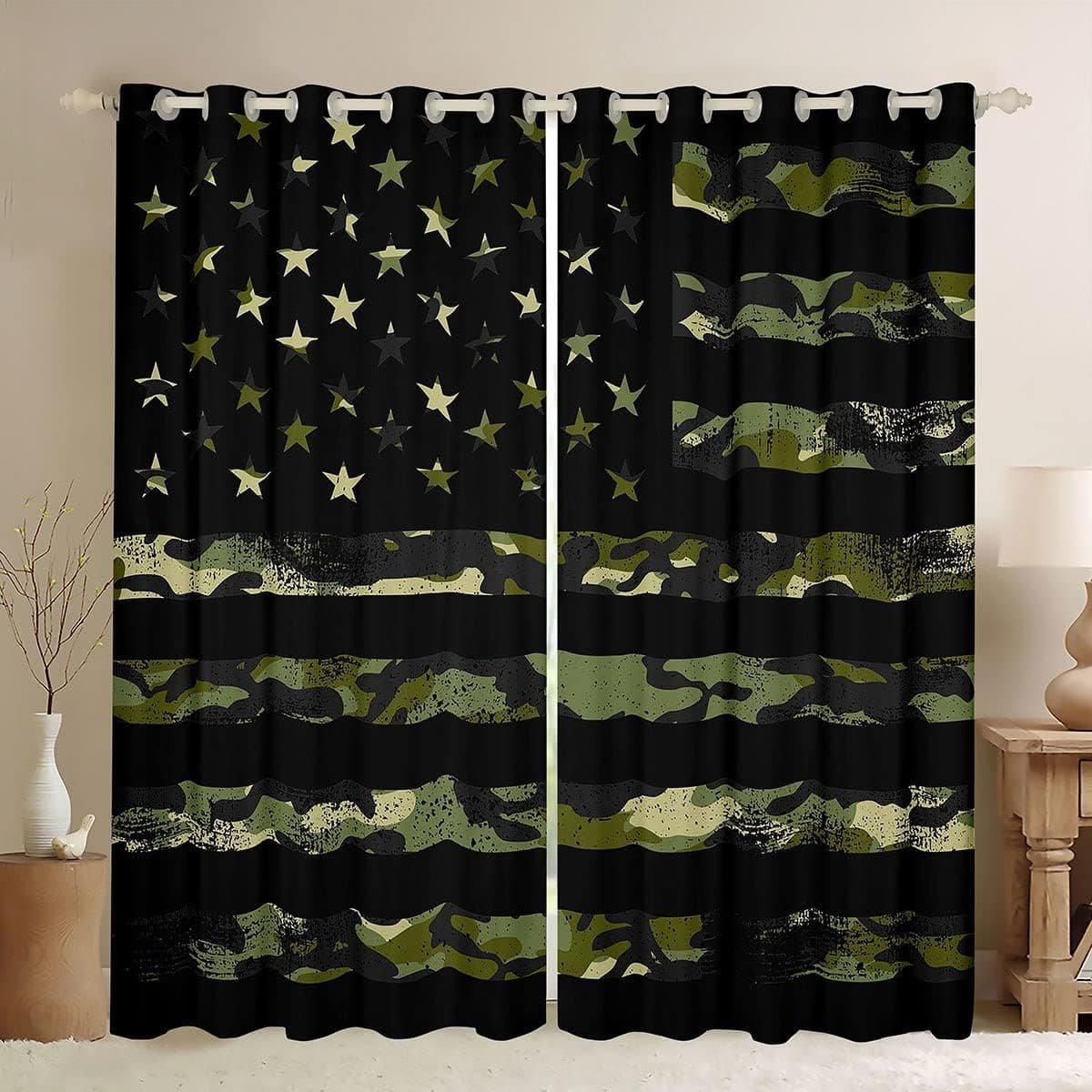 Camo American Flag Window Drapes Kids Gift,Green Camouflage Black Stripes Window Curtain,Patriotic Stars USA Flag Lightweight Microfiber Polyester for Bedroom Living Room, 76Wx45L inch