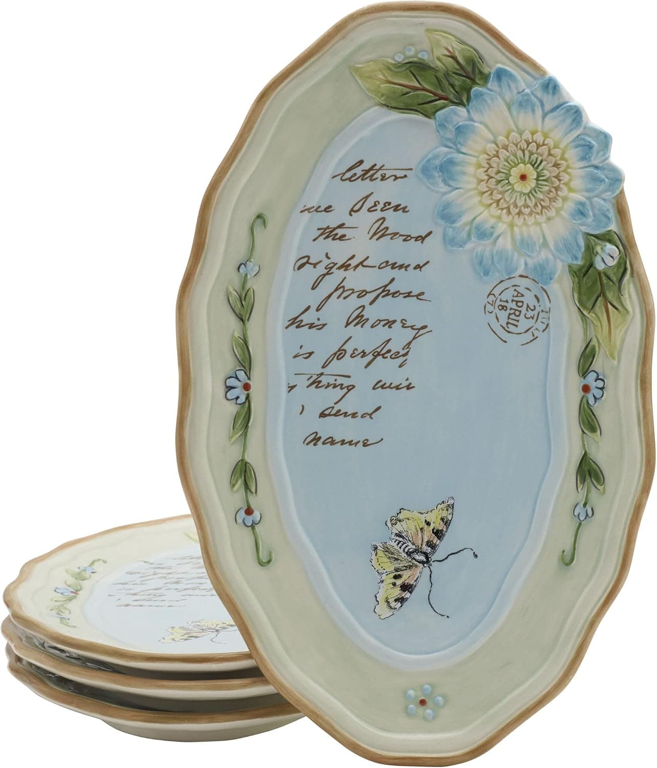 Fitz and Floyd Toulouse Appetizer Small Platters, Set of 4, 10.5-Inch, Blue
