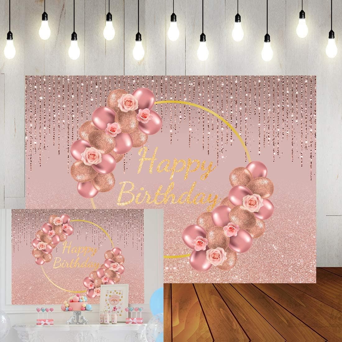 DULUDA Rose Gold Glittery Happy Birthday Backdrop Pink Rose Balloon Gold Ring Photography Background for 30 40 Women Adult Girl Sweet 16 18 Birthday Party Banner Photo Booth Props 7X5FT BD68A