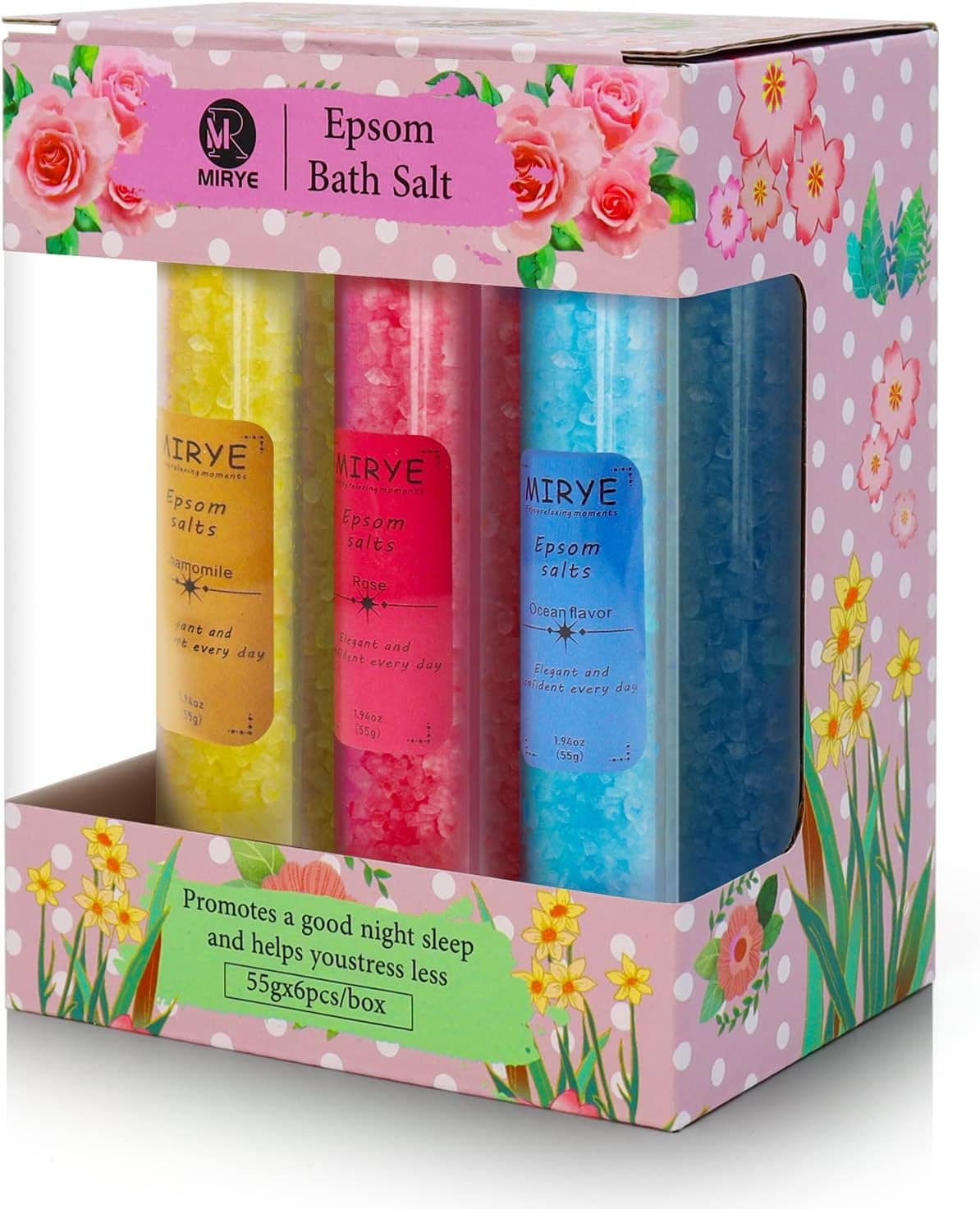 Bath Salt, Organic Epsom Salt for Women Relaxing Foot Soak Gift Set Ocean Scent Rose Chamomile 3 Types of Aroma 6 pcs for Kids Men (6)