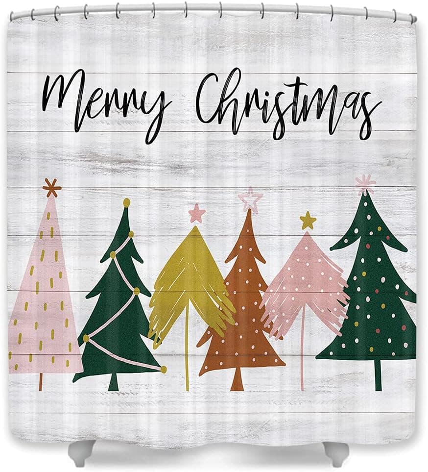 JAWO Modern Christmas Shower Curtain, Watercolor Cute Pine Tree On Rustic Wood Holiday Assessory Set for Kids Bathroom, Waterproof Merry Christmas Fabric Cloth Curtain , Hooks Included, 72x72