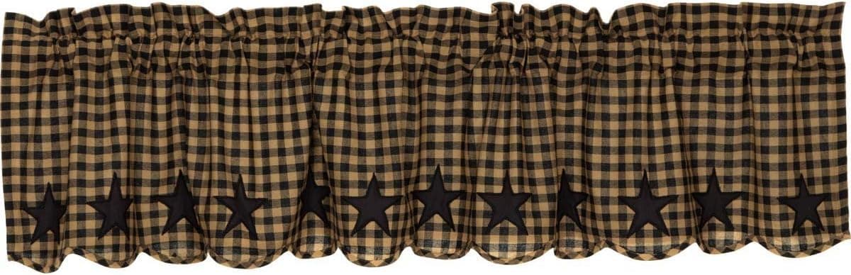 VHC Brands Black Star Scalloped Valance 16x72 Country Curtain, Raven Black and Tan
