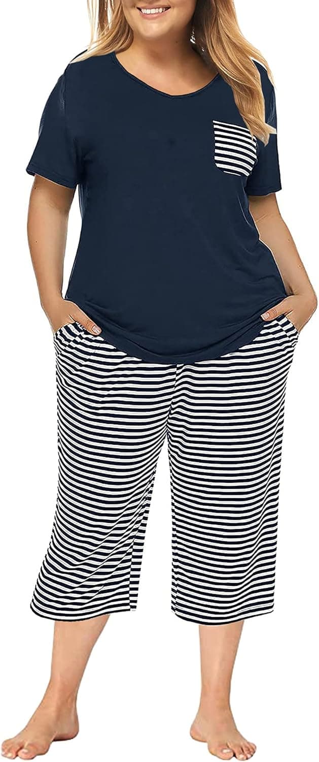 Tongmingyun Plus Size Pajamas Capris Pants Set Striped for Women Sleep Shirts Loungewear Sleepwear 3X 4X 5X