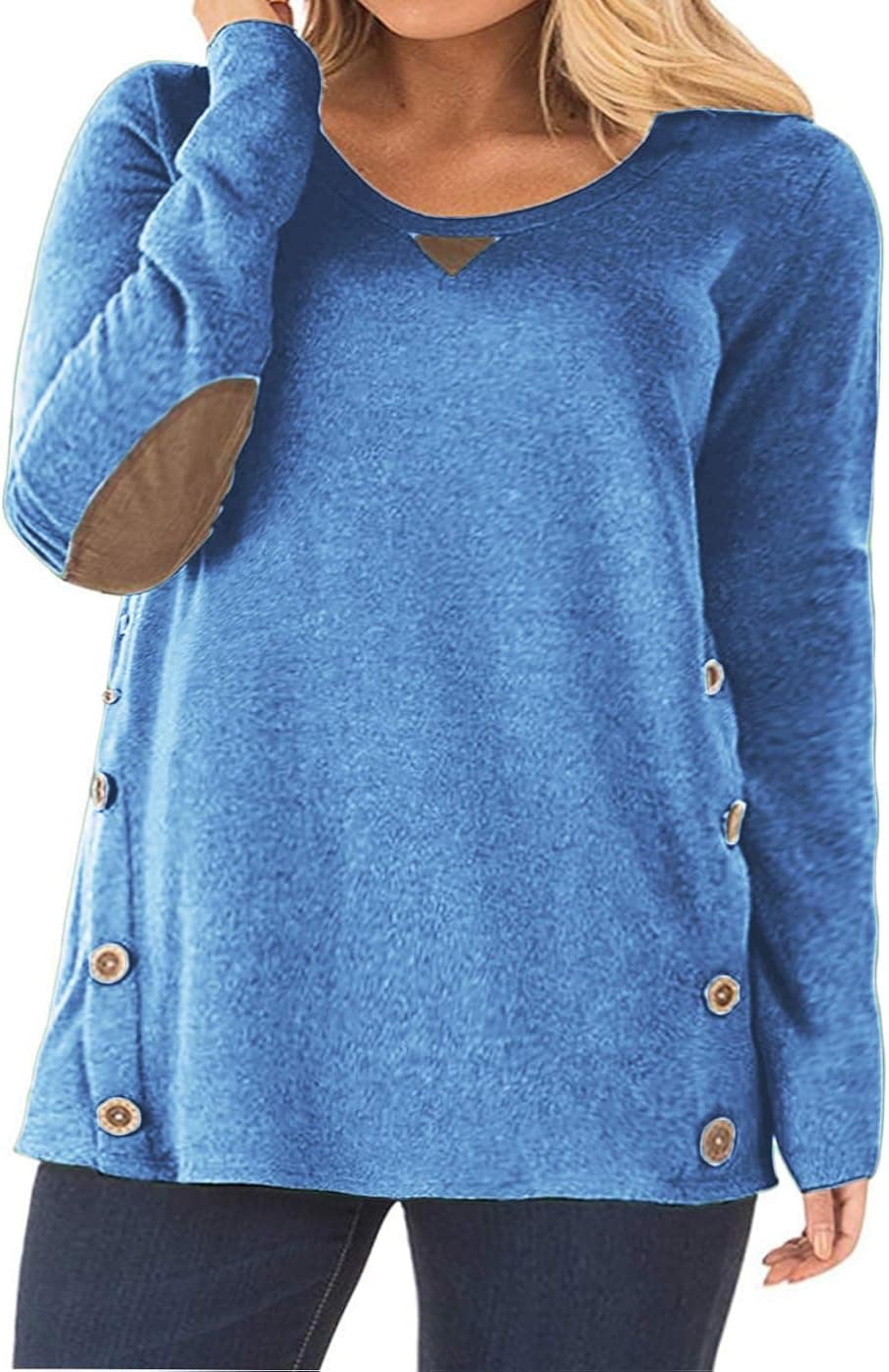 Women's Plus Size Tops Casual Long Sleeve Tunics Elbow Patched T-Shirts Blue-26W
