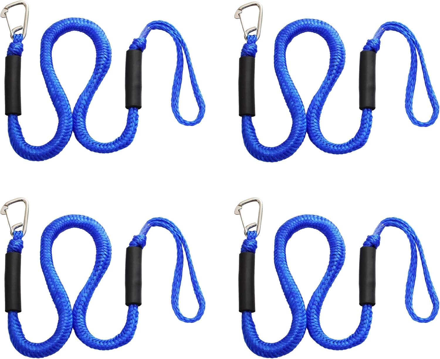 Blue Bungee Boat Dock Lines with Hook 4 Feet Dockline Mooring Rope Boat Accessories Docking Lines PWC Shock Cords for Boats Kayak, Jet Ski, Canoe, Power Boat Wave Runner, SeaDoo, Watercraft 4pcs