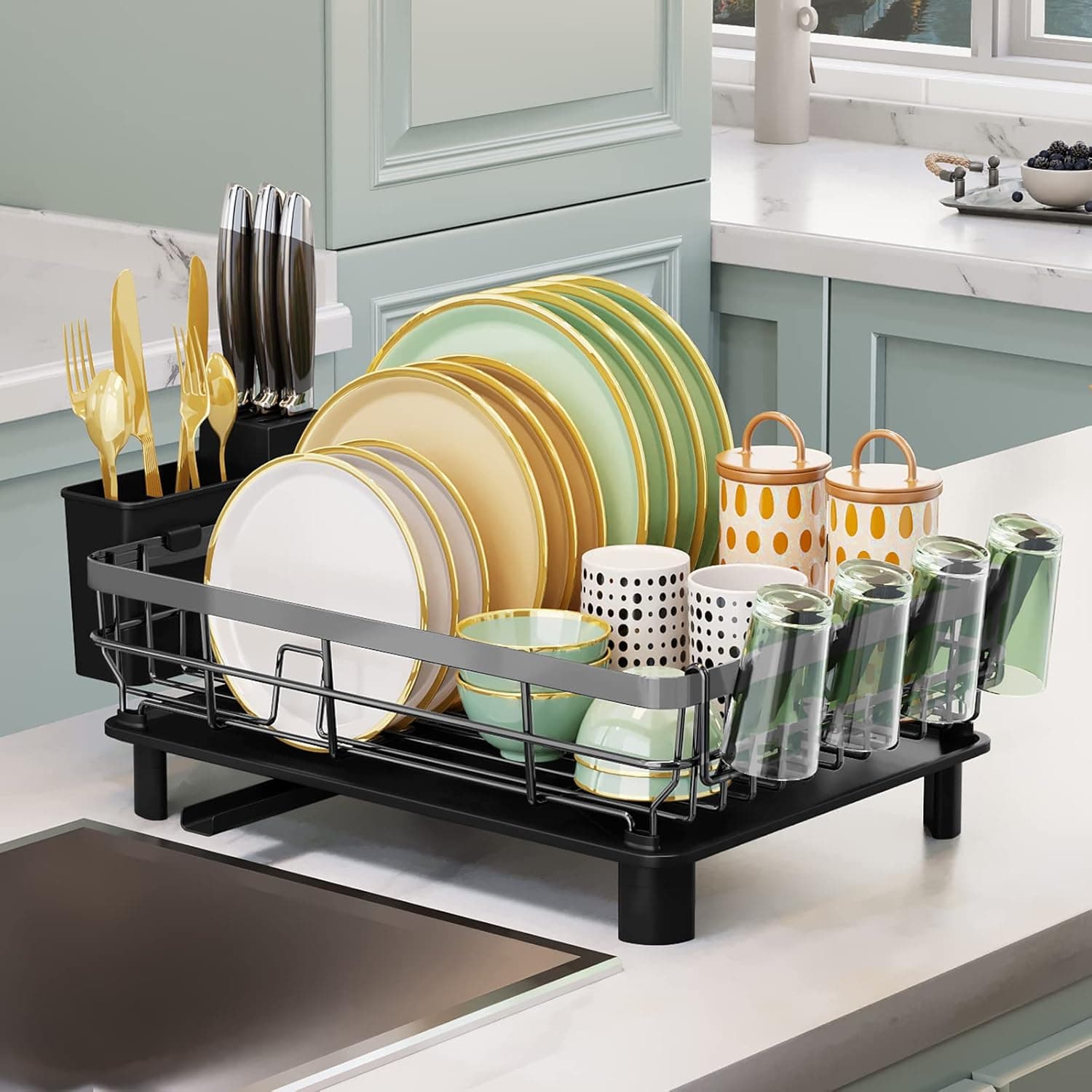 FEULAM Dish Drying Rack, Rust Proof Dish Rack with Utensil Holder, Dish Racks for Kitchen Counter with Cup Rack Holder, Dish Drainer with Drainboard and 360° Swivel Drain Spout Grey