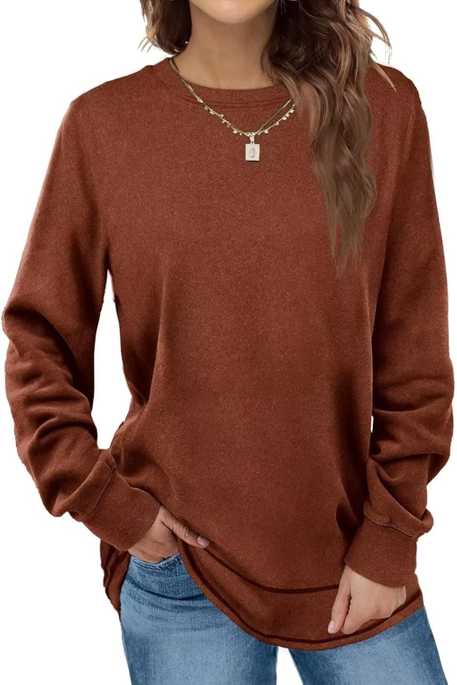 TNTIYO Women Crewneck Sweatshirts Casual Long Sleeve Fall Shirts Cute Loose Fit Pullovers Solid Tops