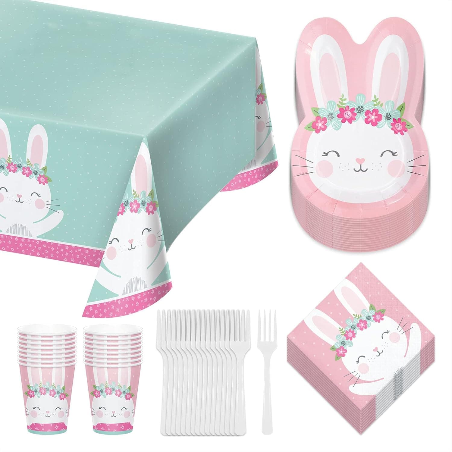Birthday Bunny Party Pack - Pink Boho Floral Paper Bunny Shaped Plates, Beverage Napkins, Cups, Forks, and Table Cover Set (Serves 16)