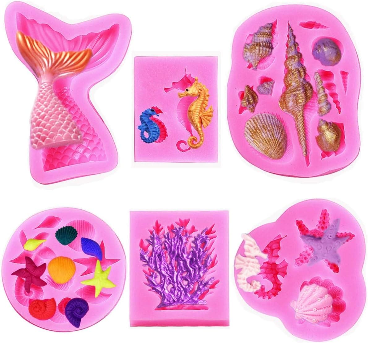 Elfkitwang Marine Theme Fondant Silicone Mold,Seashell,conch, Mermaid Tail,Seahorse,starfish,coral, DIY Handmade Baking Tools for Mermaid Theme Cake Decoration(6pack)