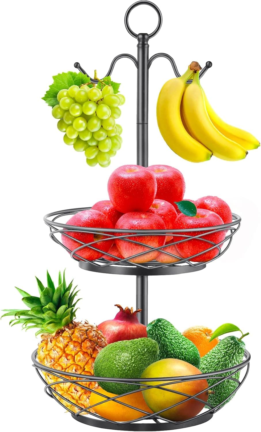 Fruit Basket - 2 Tier Fruit Bowl with Banana Hanger for Kitchen Counter Fruit Holder - Elegant Black