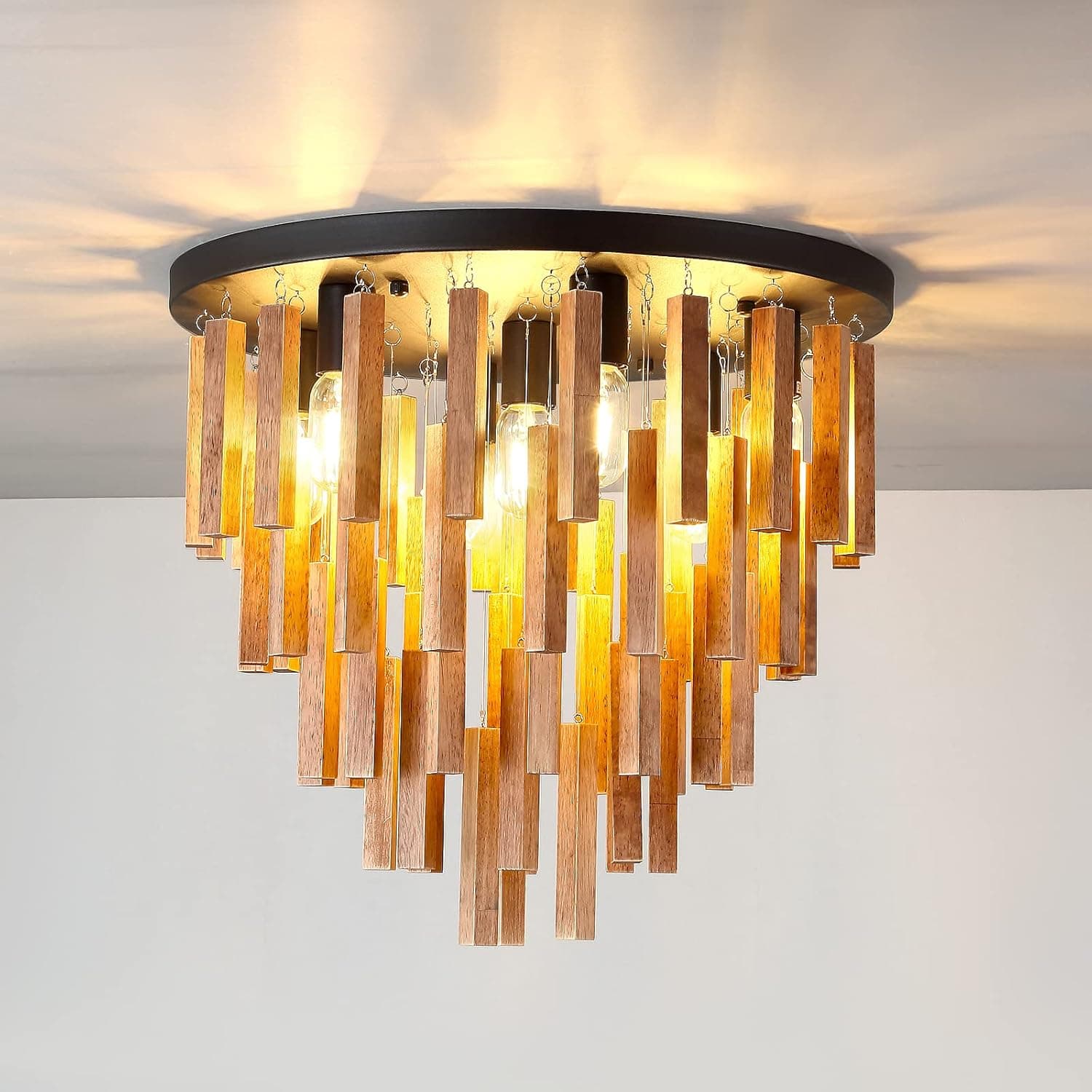 MOUJOE 7-Light Flush Mount Wooden Ceiling Light - Rustic Oak and Black Ceiling Lamp with E26 for Farmhouse Kitchen, Dining Room, Living Room, Bedroom, Foyer, Hallway