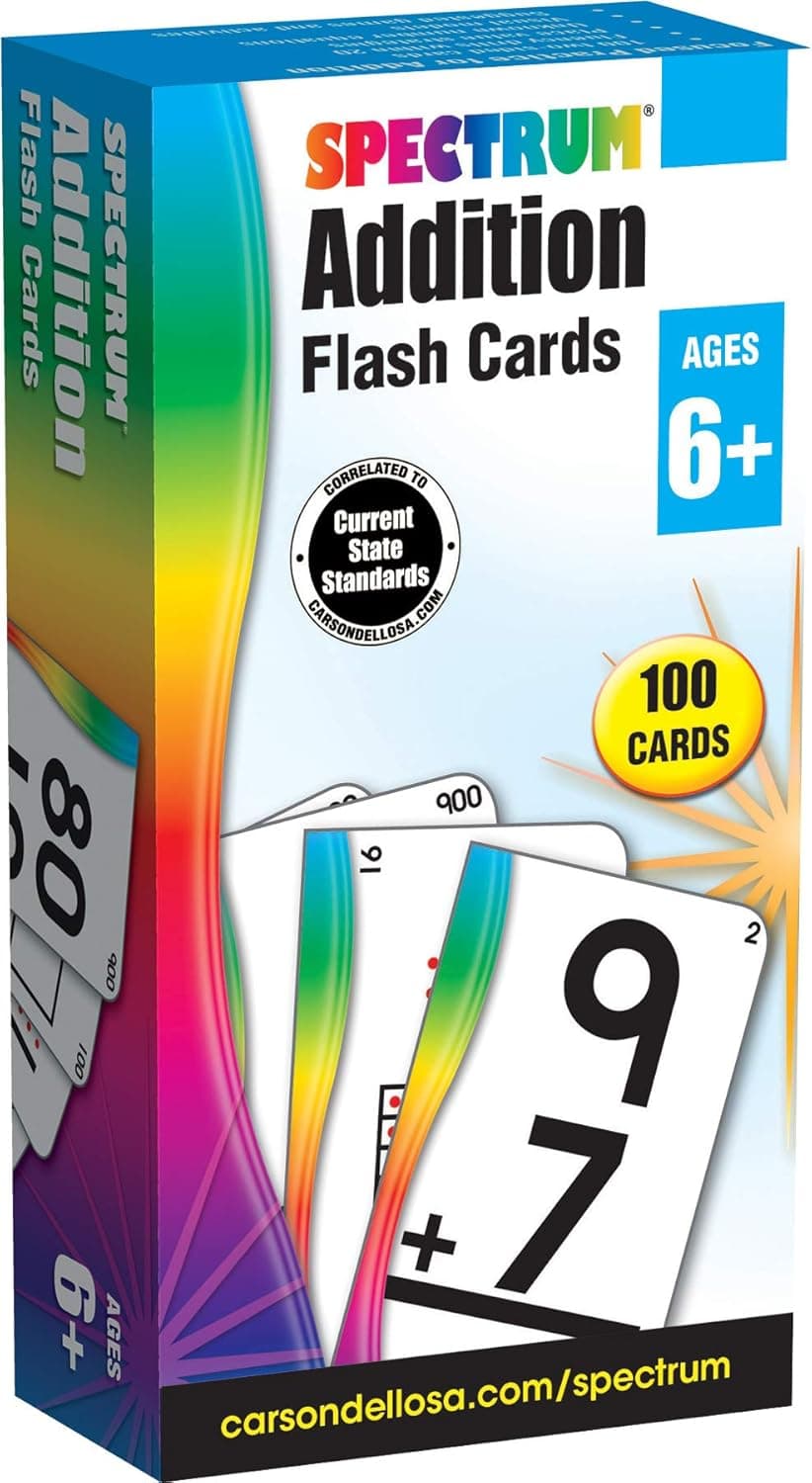 Spectrum - Addition Flash Cards - 100 Basic Arithmetic Cards, Plus Adding by 10 and 20 for 1st, 2nd and 3rd Grade Math, Ages 6+