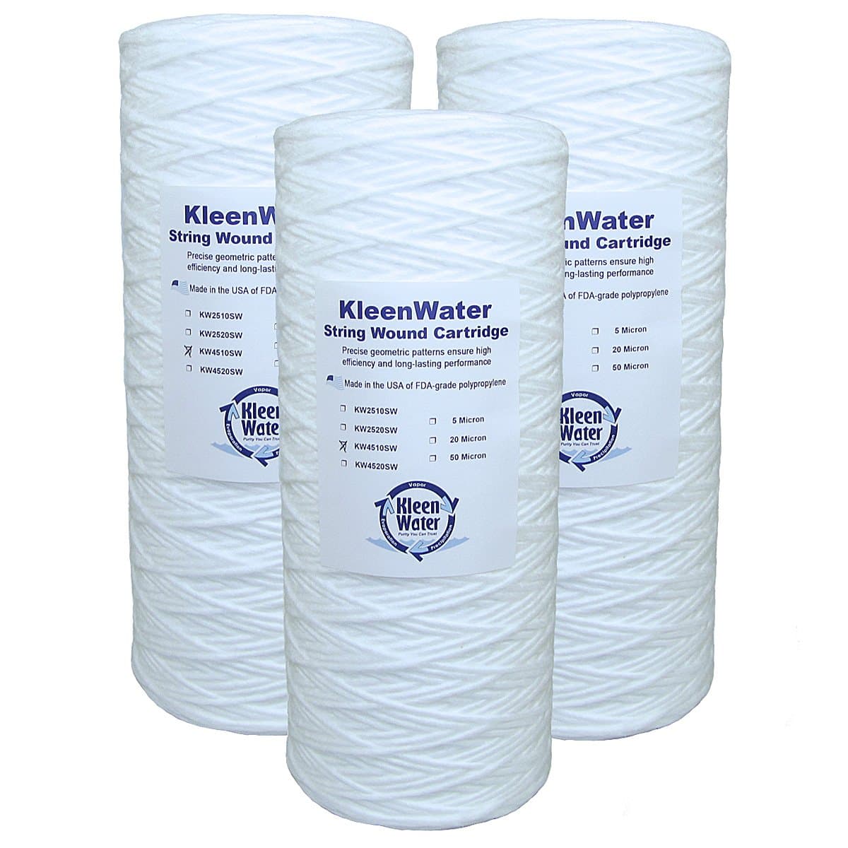 KleenWater 4.5 x 10 Inch String Wound Water Filter Cartridges, 20 Micron, Compatible with Aqua-Pure AP814, Pentek WP5BB97P, Made in the USA