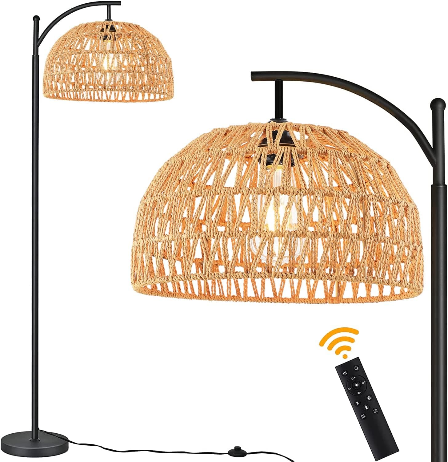 QIYIZM Rattan Floor Lamp For Living Room,bedroom,Farmhouse,Boho Dimmable Standing Lamp with Control,Wicker Hand-Worked Bamboo Lamp Shade,Black Industrial Modern Floor Light Adjustable Rustic Tall Lamp