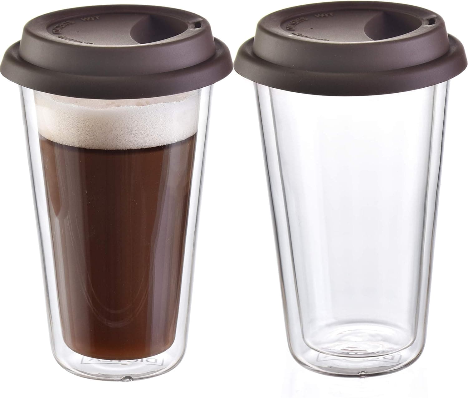 DICTEA Double Wall Glass Tumbler - 14-Oz Reusable Coffee & Tea Cup, Clear Travel Mug, On the Go, Recyclable, Microwavable, Hand Blown, Coca Mocha - 2 Pack