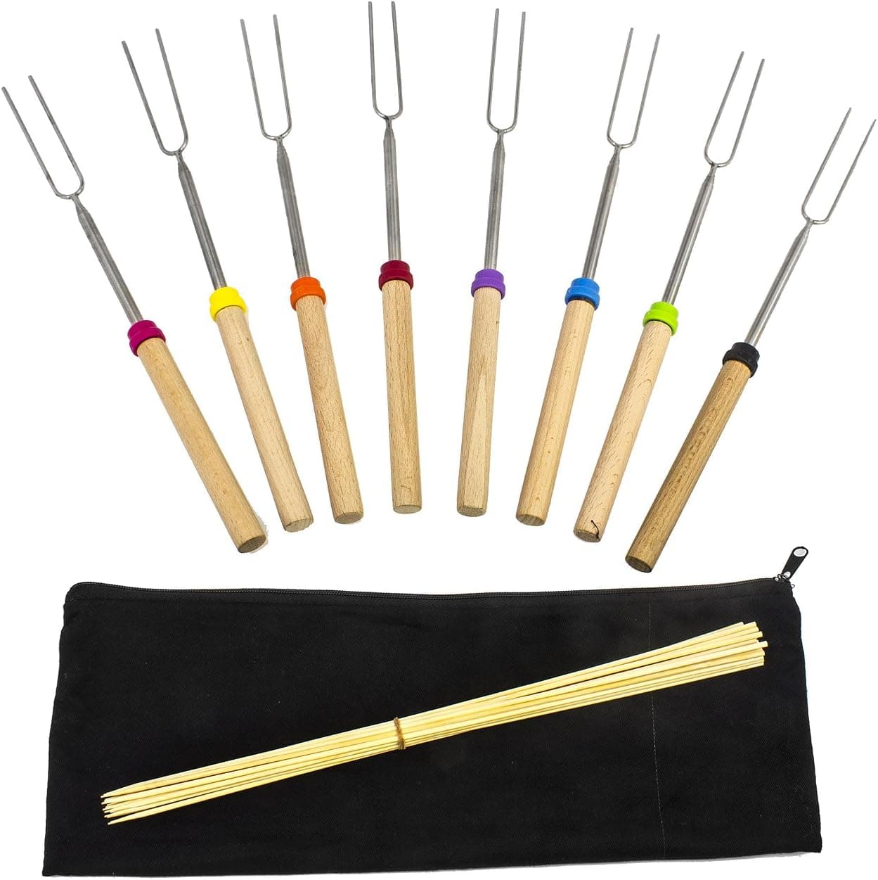 Sorbus® Marshmallow Roasting Sticks Set – 8 Telescoping Forks and 10 Bamboo Skewers for Making S’mores, Hot Dogs, Camping, or Use as Kids Fireplace Accessory – Includes Canvas Travel Pouch for Travel