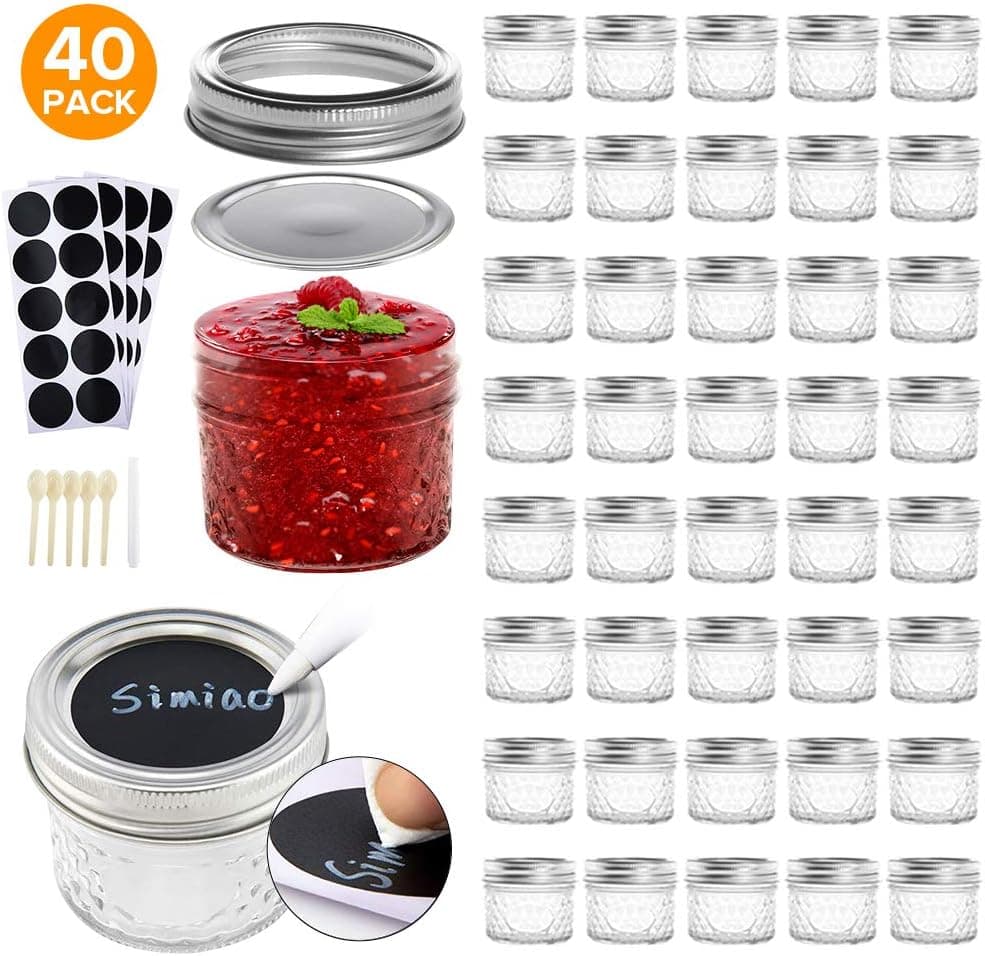 Simiao Mason Jars 4 oz 40 Pack Mini Canning Jars with Regular Lids and Bands Jelly Jars for Jam, Honey, Wedding Favors, Shower Favors, Baby Foods, DIY Glass Jars （4 oz 40 Pack）
