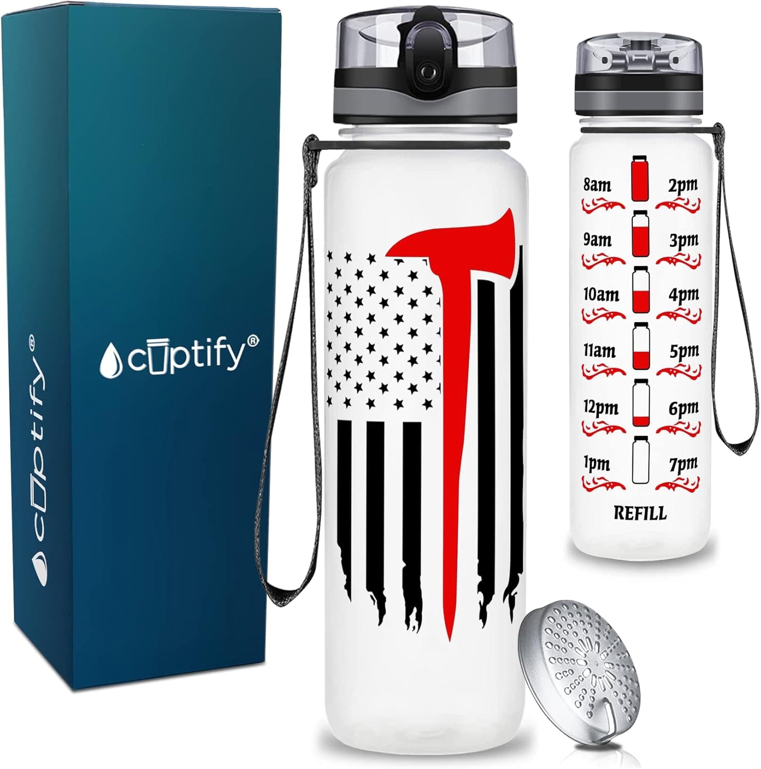 Firefighter Axe Flag Clear Frosted 32 oz 1 Liter Motivational Tracking Firefighter Gift Water Bottle with Time Marker for Fireman, Men, Fitness