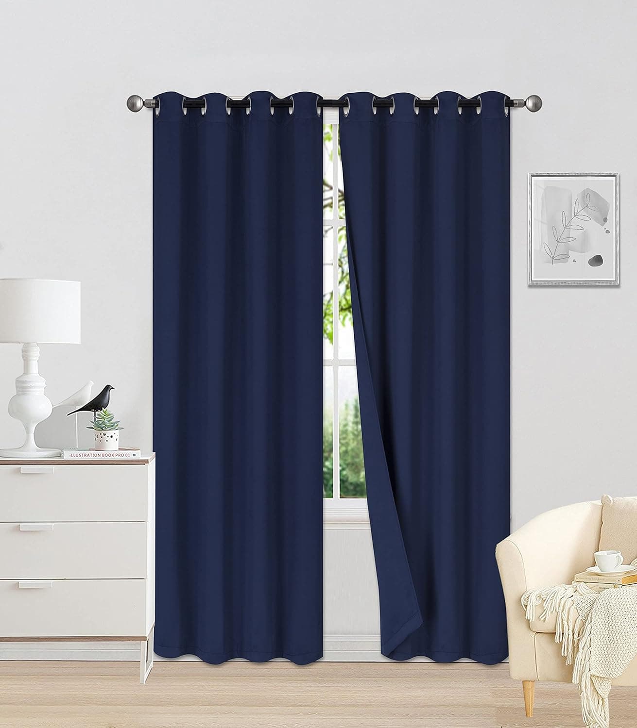 Sapphire Home Double Microfiber Blackout Curtains - 100% Light & Sound Blocking Black Out 27" Panels - Durable 3-Layer Foam Insulated Bedroom Room Window Curtain Panels - 27"x84" Navy