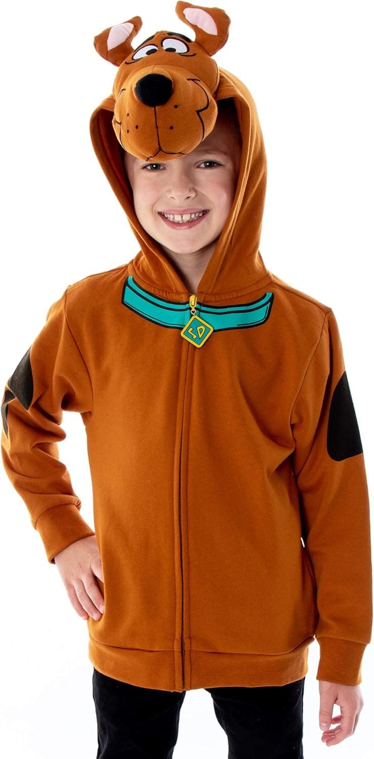 Scooby-Doo Boy's Full-Zip Plush 3D Face Costume Look A Like Hoodie (Large, 12/14) Brown